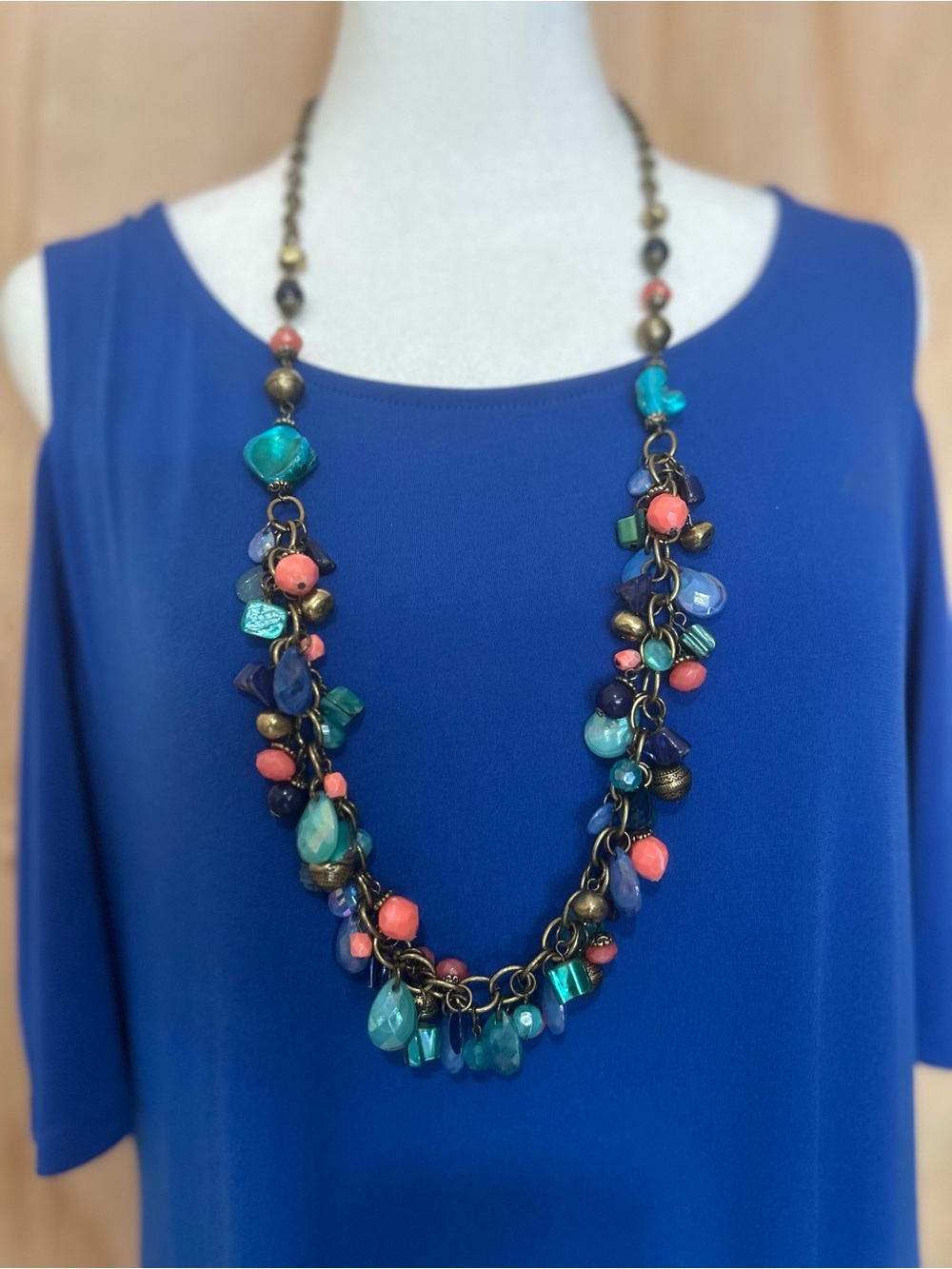 Multistone Beaded Pendant Necklace in Blue, Teal & Coral